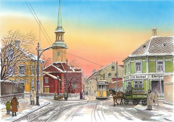 Репродукция старой открытки начала 20 века с видом Бакке кирке в городском ландшафте